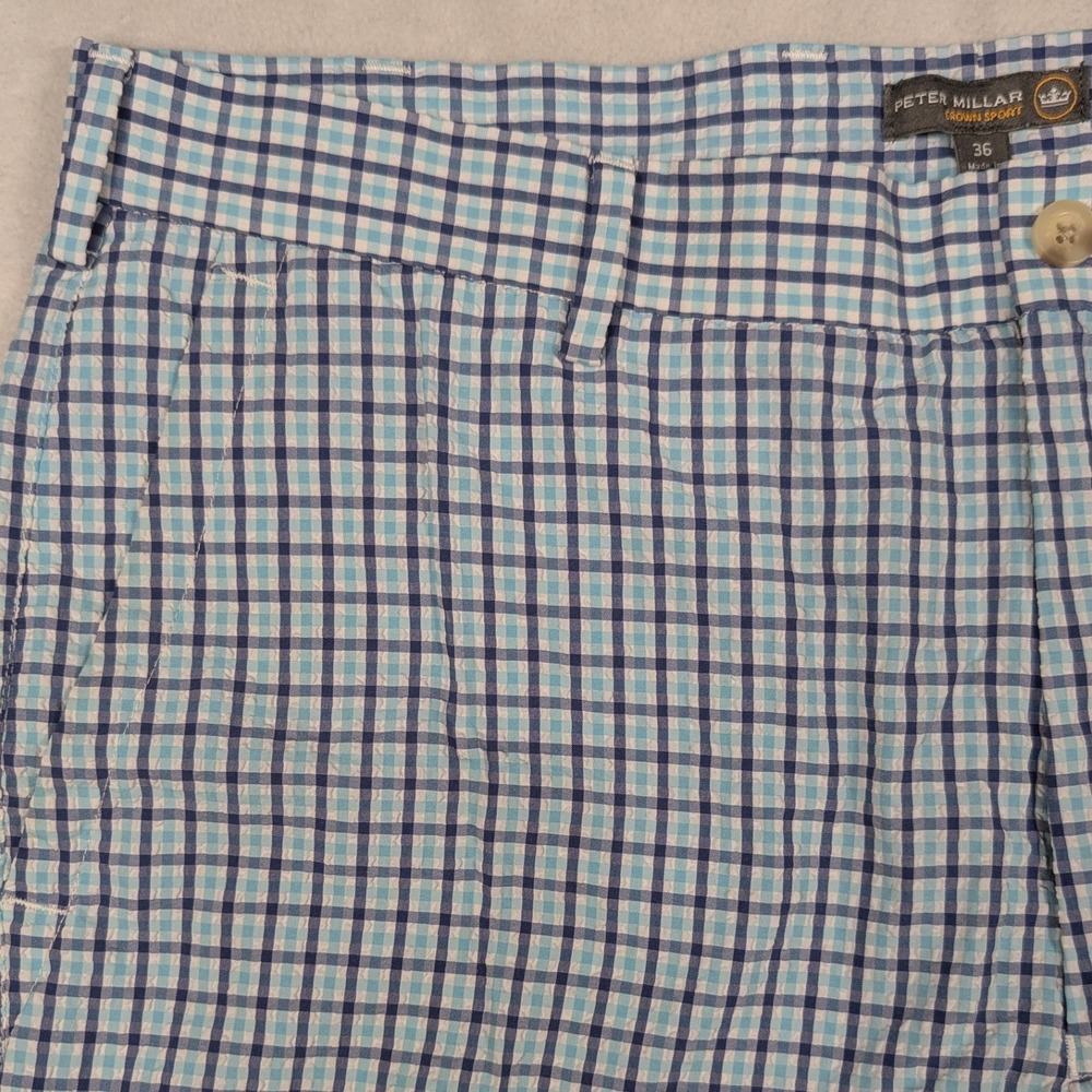 Peter Millar Crown Sport Mens Blue‎ Seersucker Gingham Check Golf Shorts Size 36